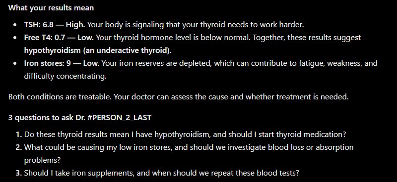 ChatGPT explaining high TSH and low iron, then listing 3 questions to ask Dr. #PERSON_2_LAST